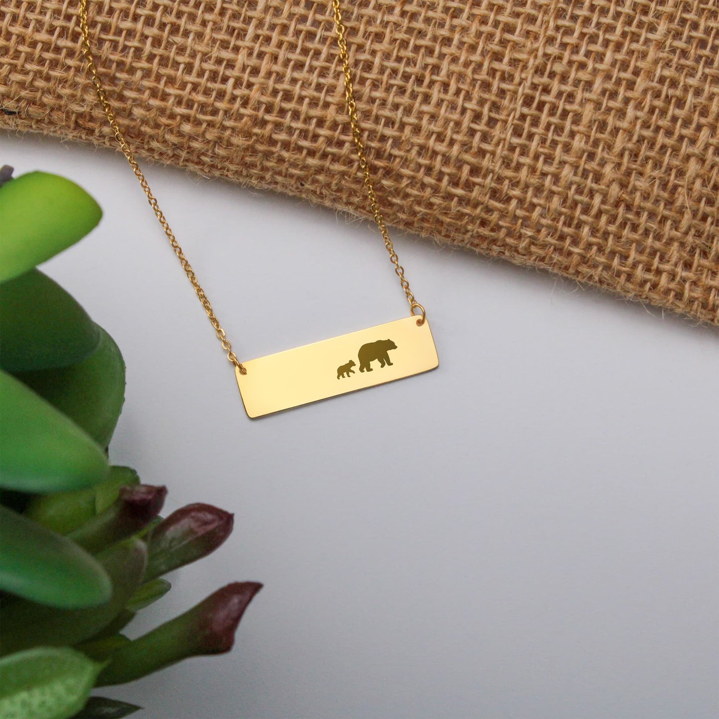 Mom Bear Engraved Vertical Bar Necklace 1 Cub
