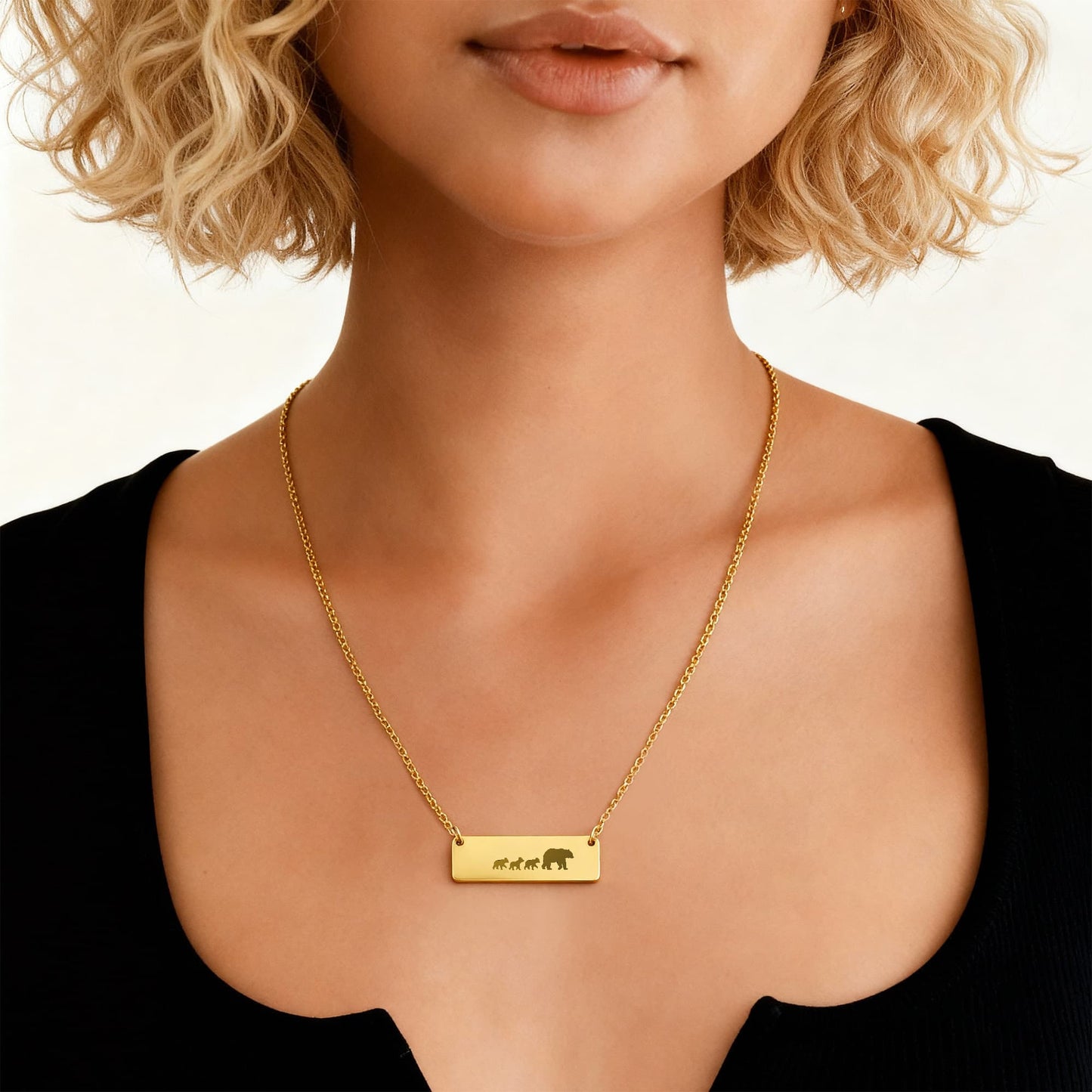 Mom Bear Engraved Vertical Bar Necklace 3 Cub