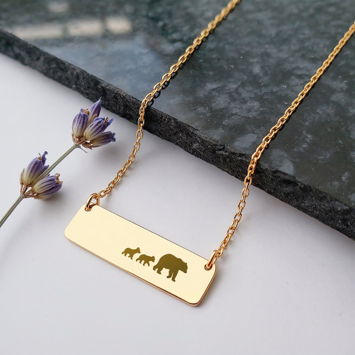 Mom Bear Engraved Vertical Bar Necklace 2 Cub