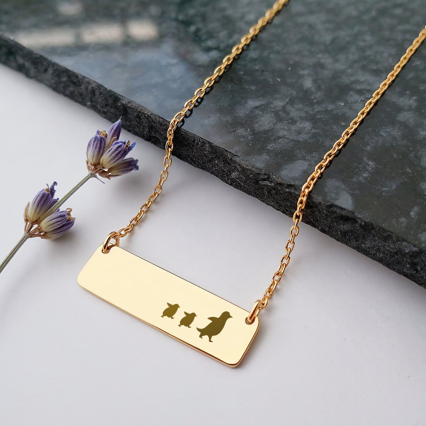 Mama Penguin Engraved Vertical Bar Necklace 2 Penguins