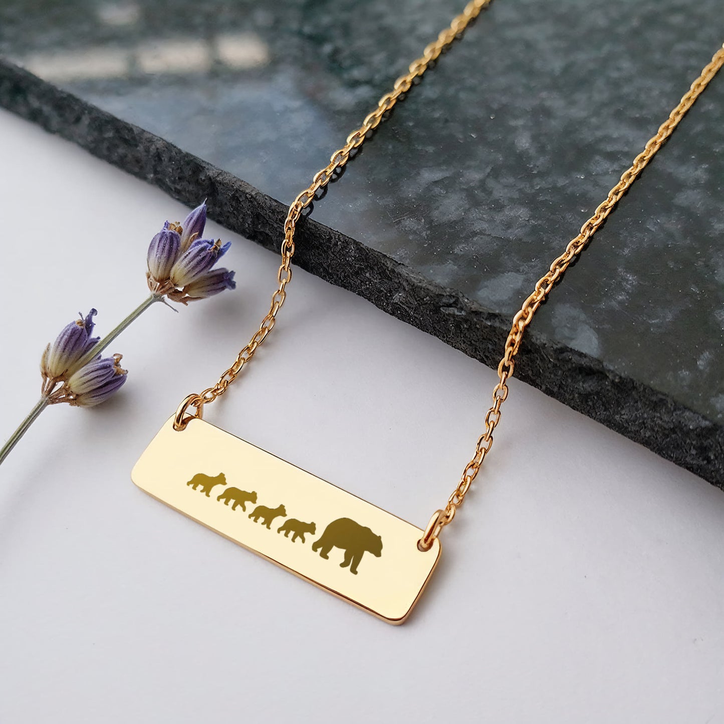 Mom Bear Engraved Vertical Bar Necklace 4 Cubs