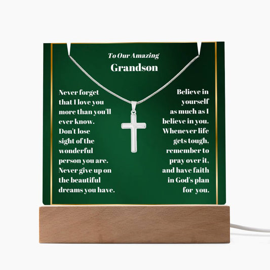 Grandson Acrylic Plaque with Cross Necklace-[Heartfelt Family Gift]
