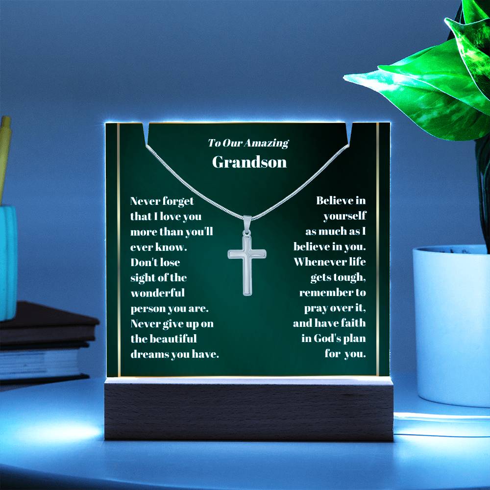 Grandson Acrylic Plaque with Cross Necklace-[Heartfelt Family Gift]