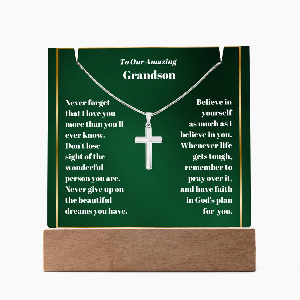 Grandson Acrylic Plaque with Cross Necklace-[Heartfelt Family Gift]