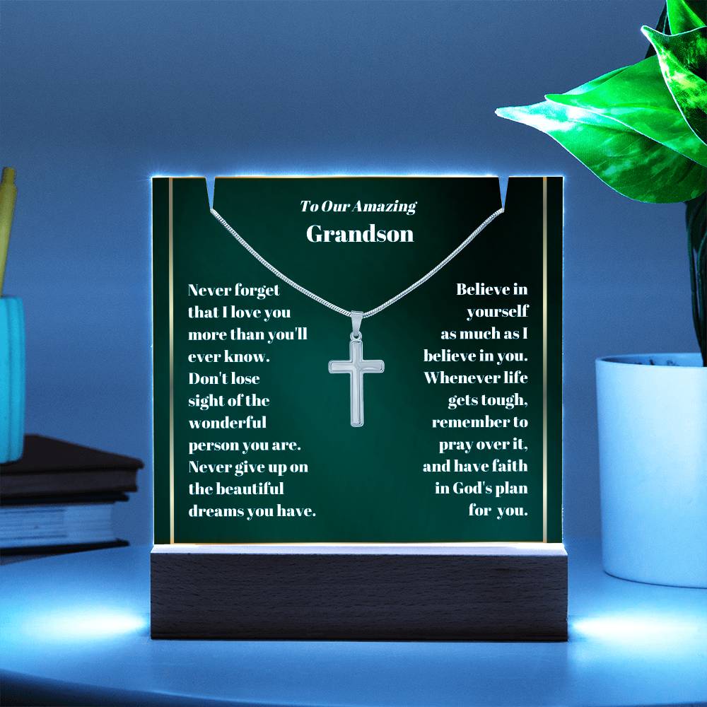 Grandson Acrylic Plaque with Cross Necklace-[Heartfelt Family Gift]