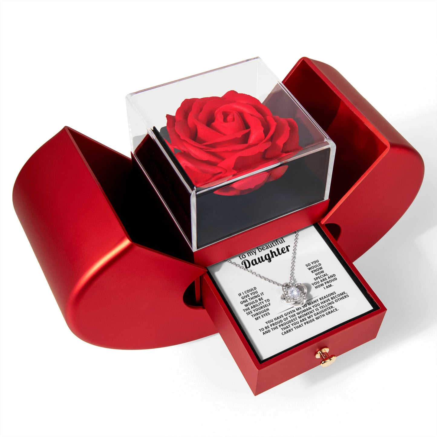 To My Daughter Love Knot Necklace  Rose Heart Box Gift Set