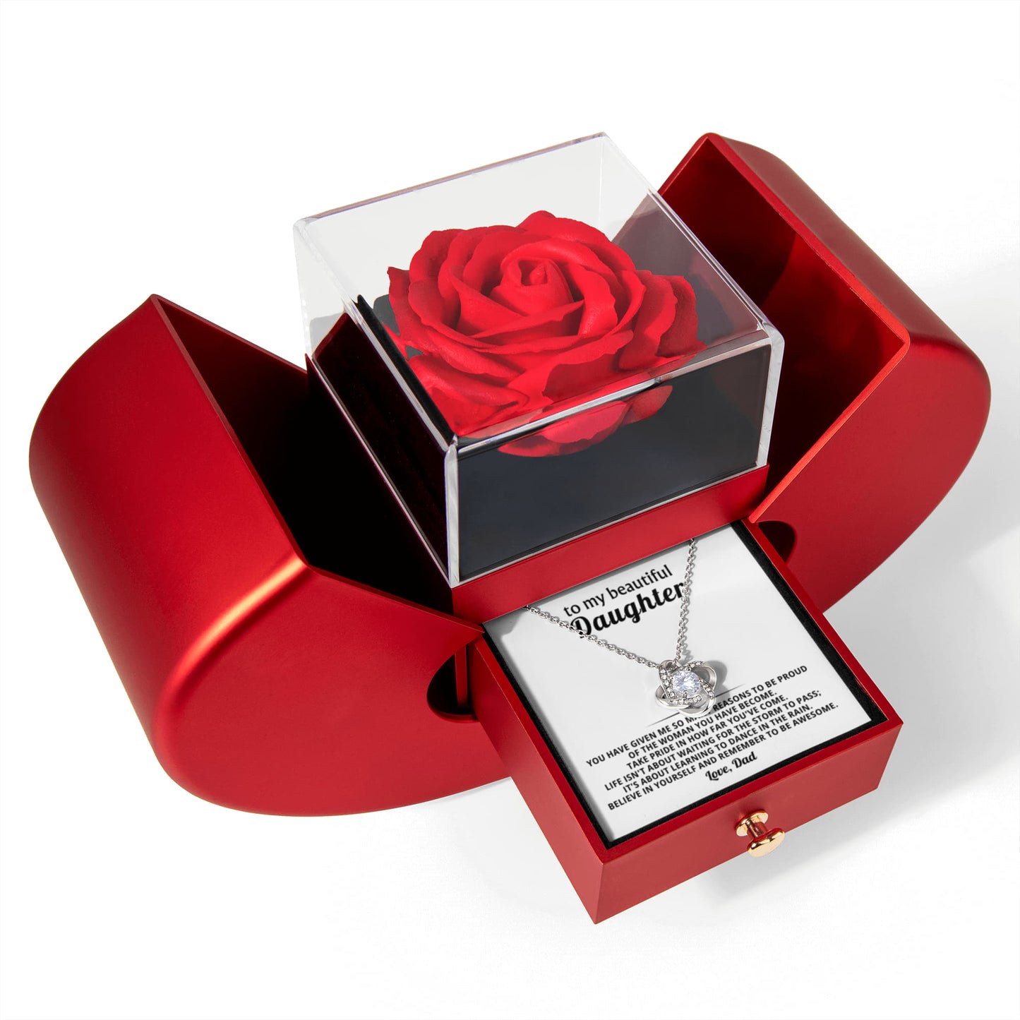 Daughter Love Knot Necklace  Rose Heart Box Gift Set