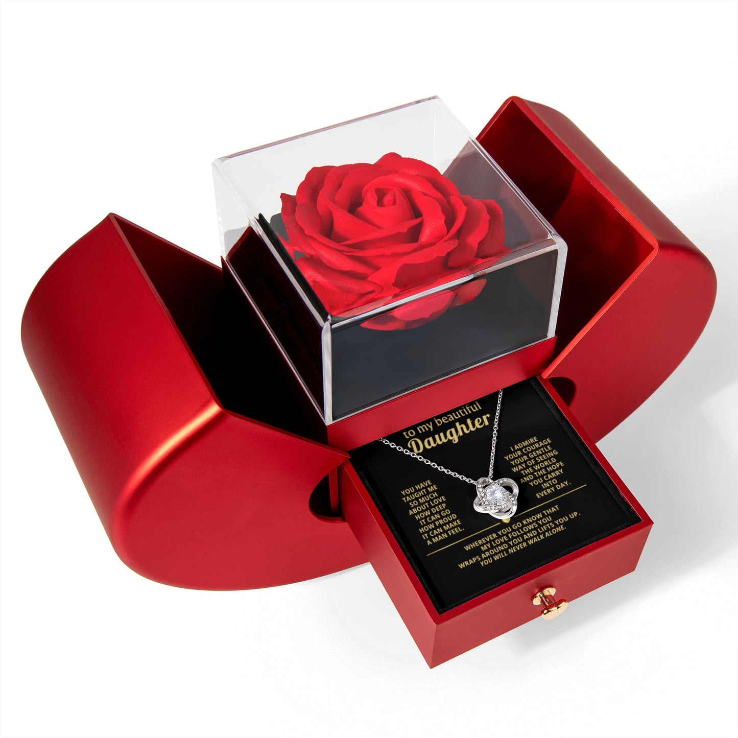 Daughter Love Knot Necklace  Rose Heart Box Gift Set