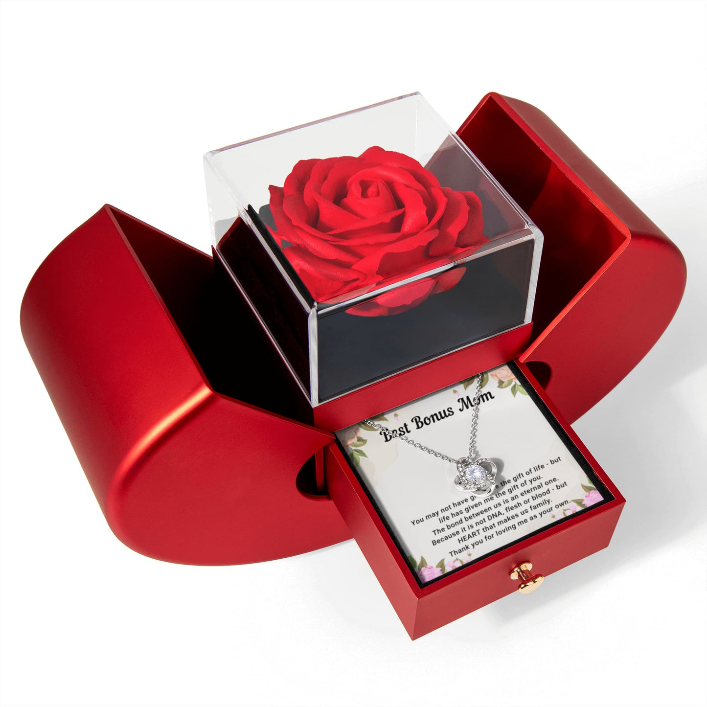 Best Bonus Mom Heart Rose Box & Necklace Gift Set