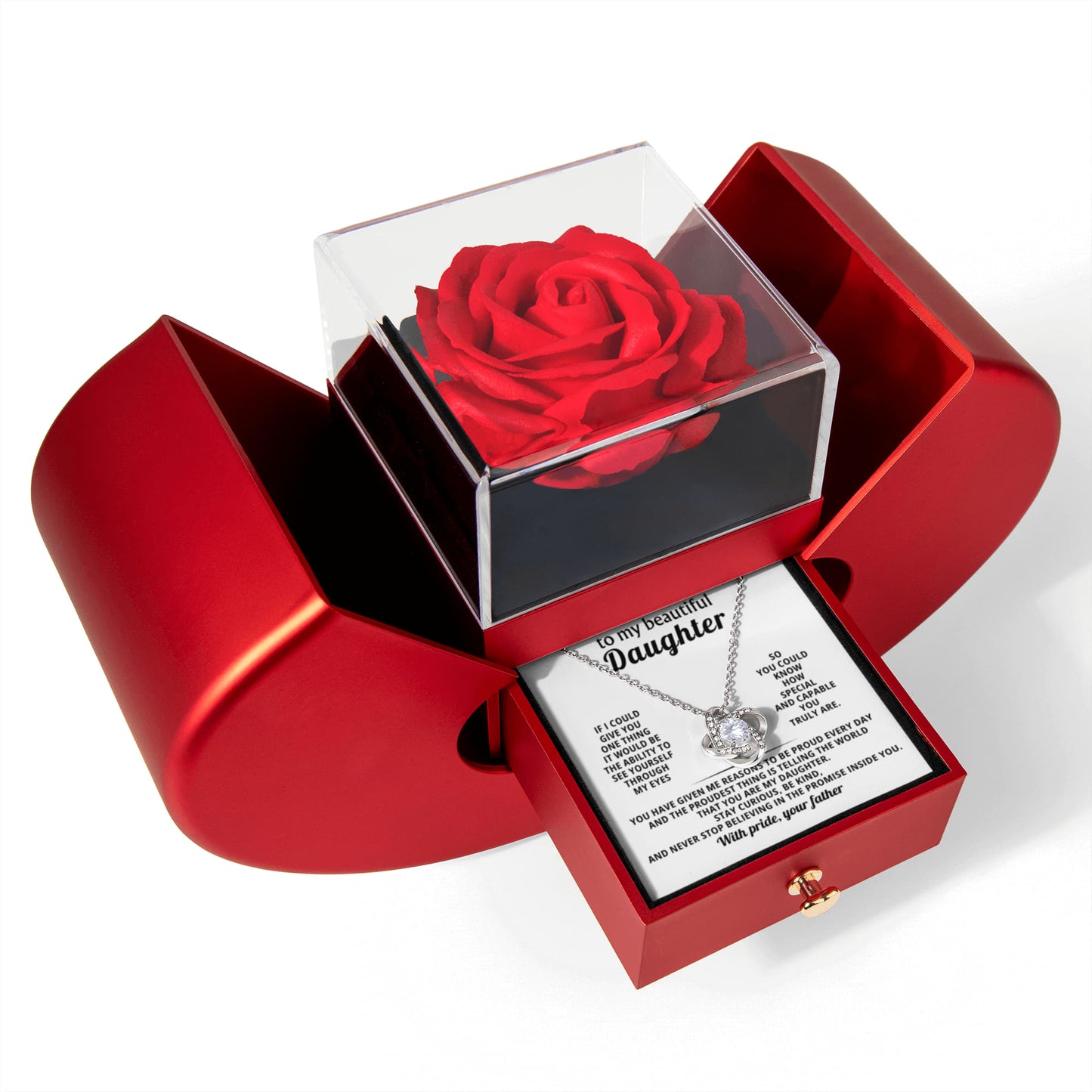 Daughter Father Love Knot Necklace  Rose Heart Box Gift Set
