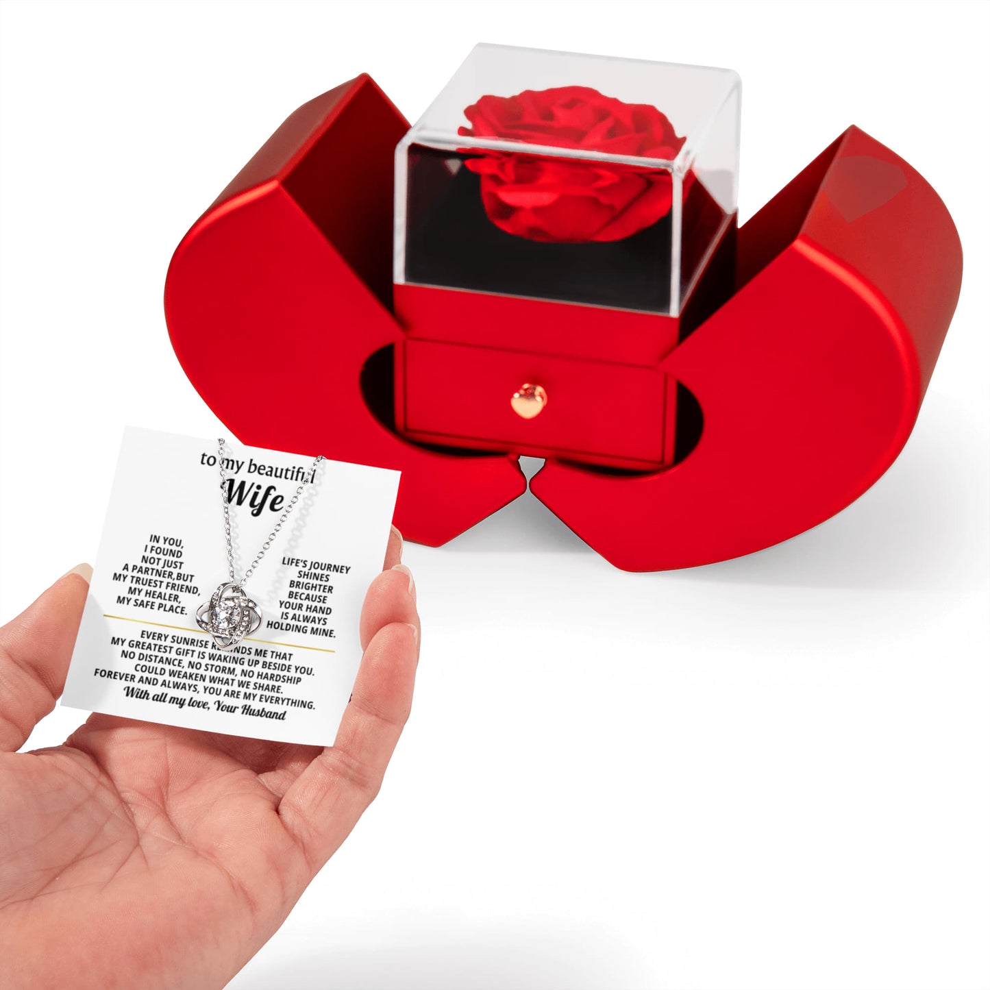 To My Wife Preserved Rose and Love Knot Necklace Gift Set