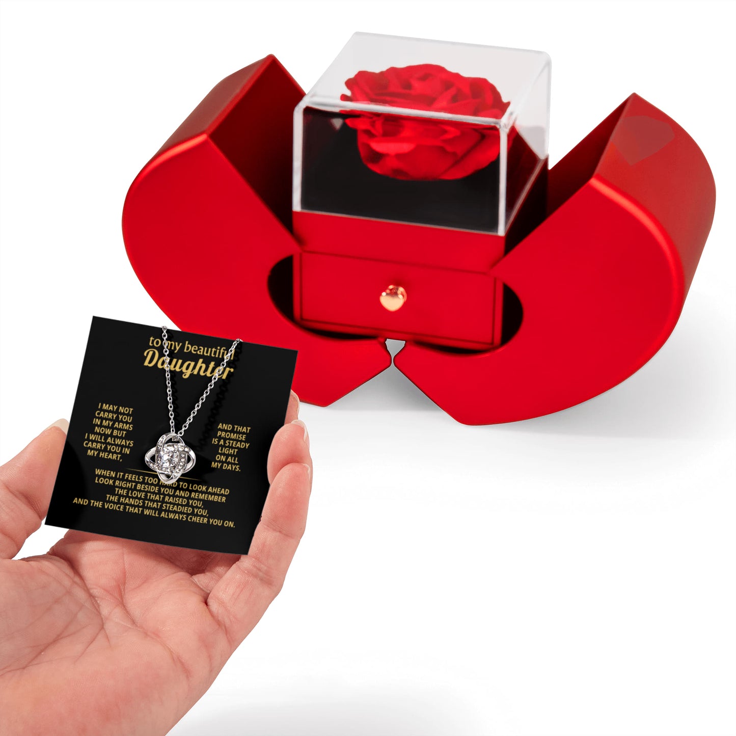 Daughter Love Knot Necklace  Rose Heart Box Gift Set