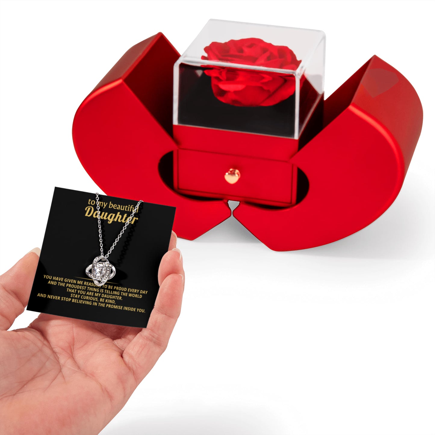 Daughter Love Knot Necklace  Rose Heart Box Gift Set
