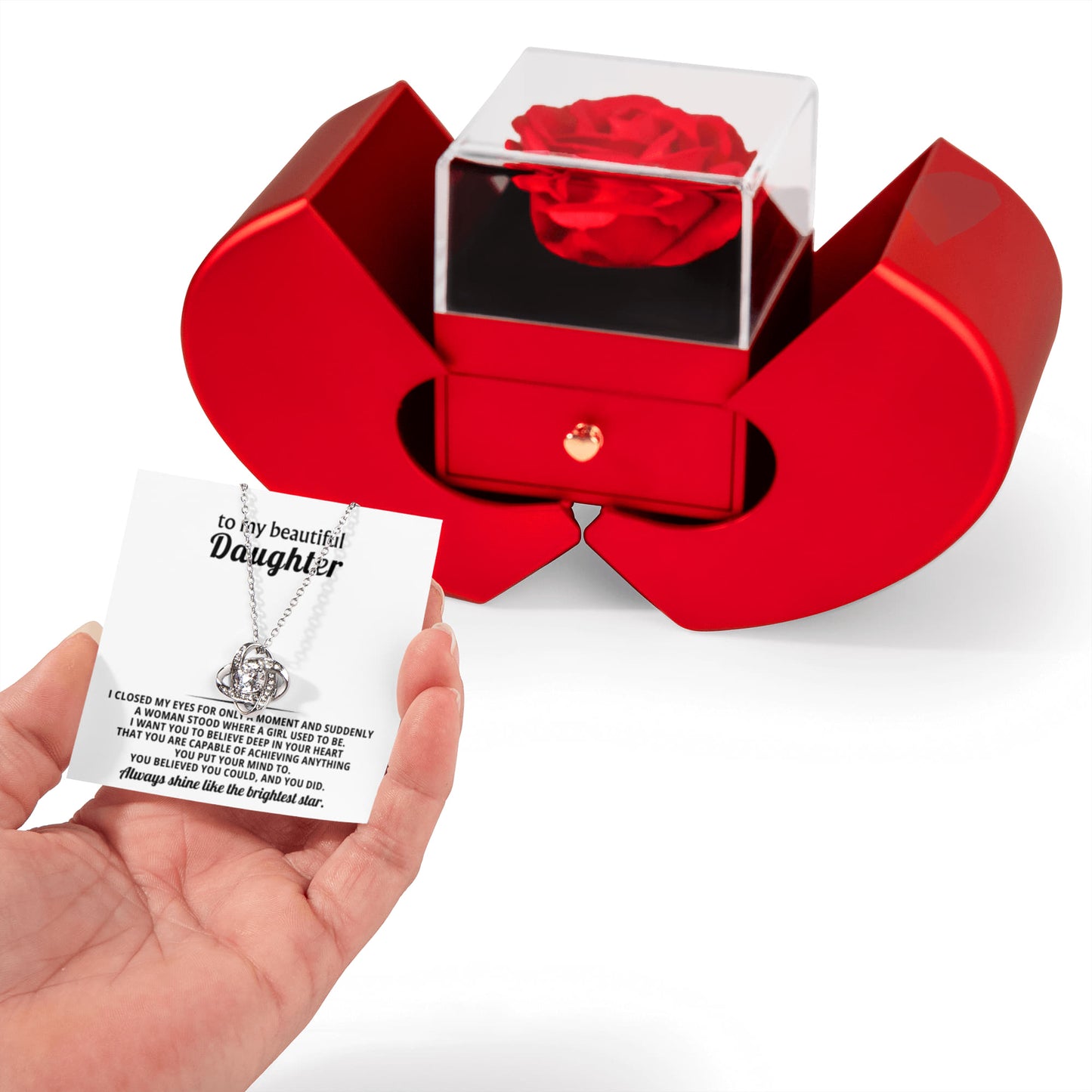 Daughter Love Knot Necklace  Rose Heart Box Gift Set