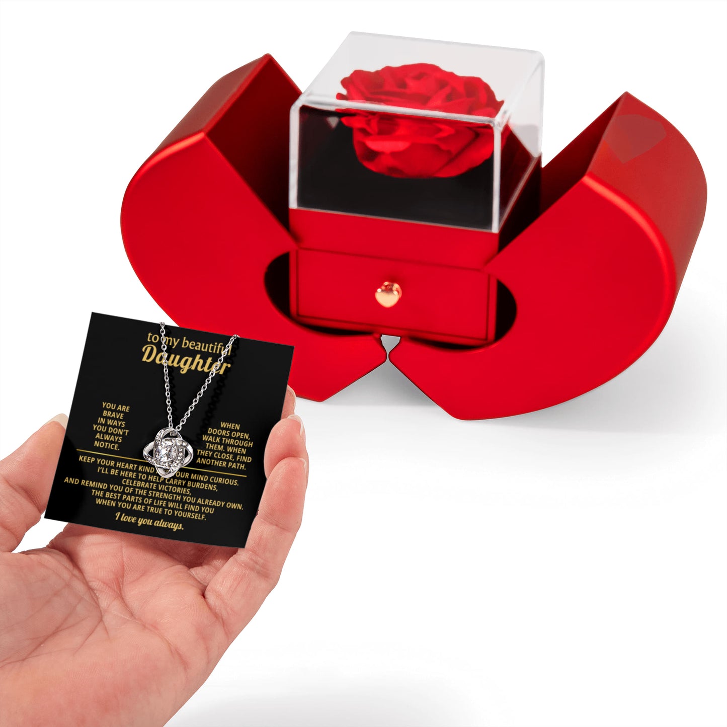 Daughter Love Knot Necklace  Rose Heart Box Gift Set