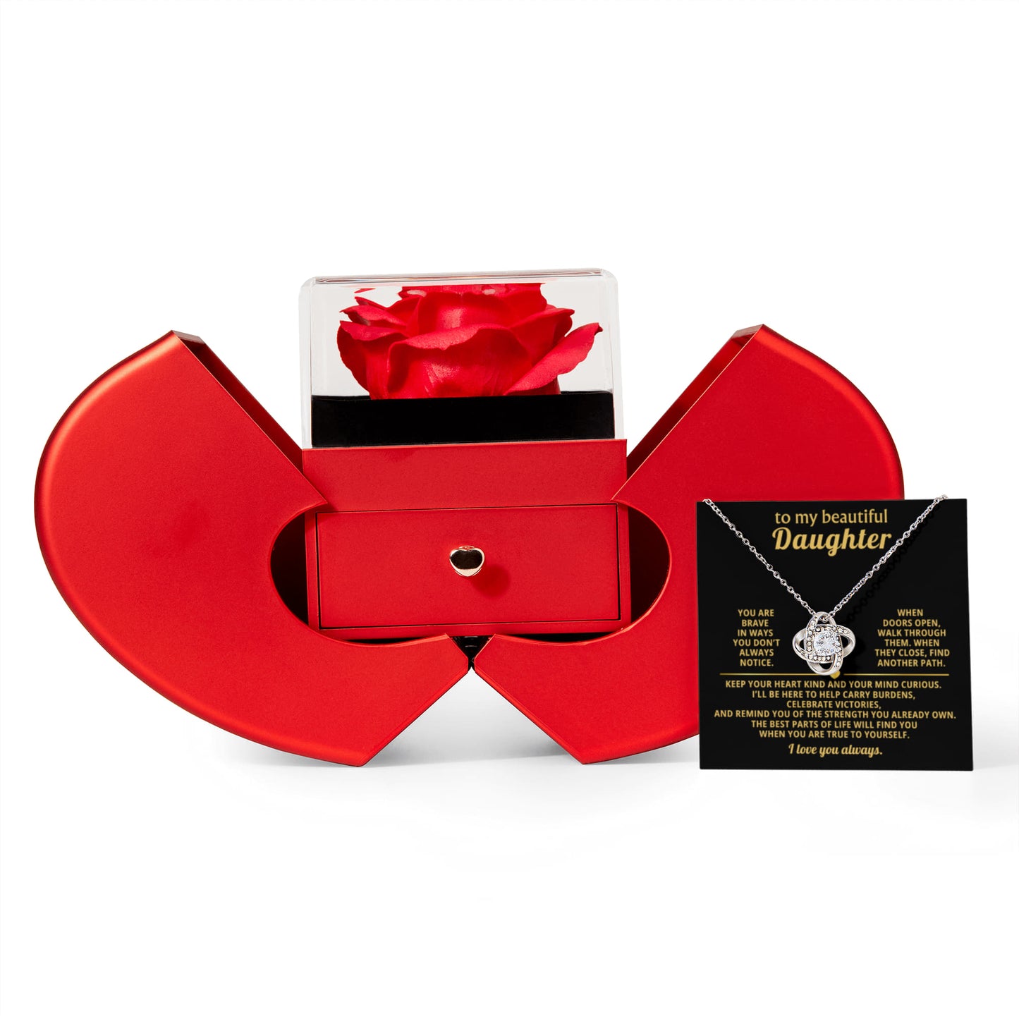 Daughter Love Knot Necklace  Rose Heart Box Gift Set