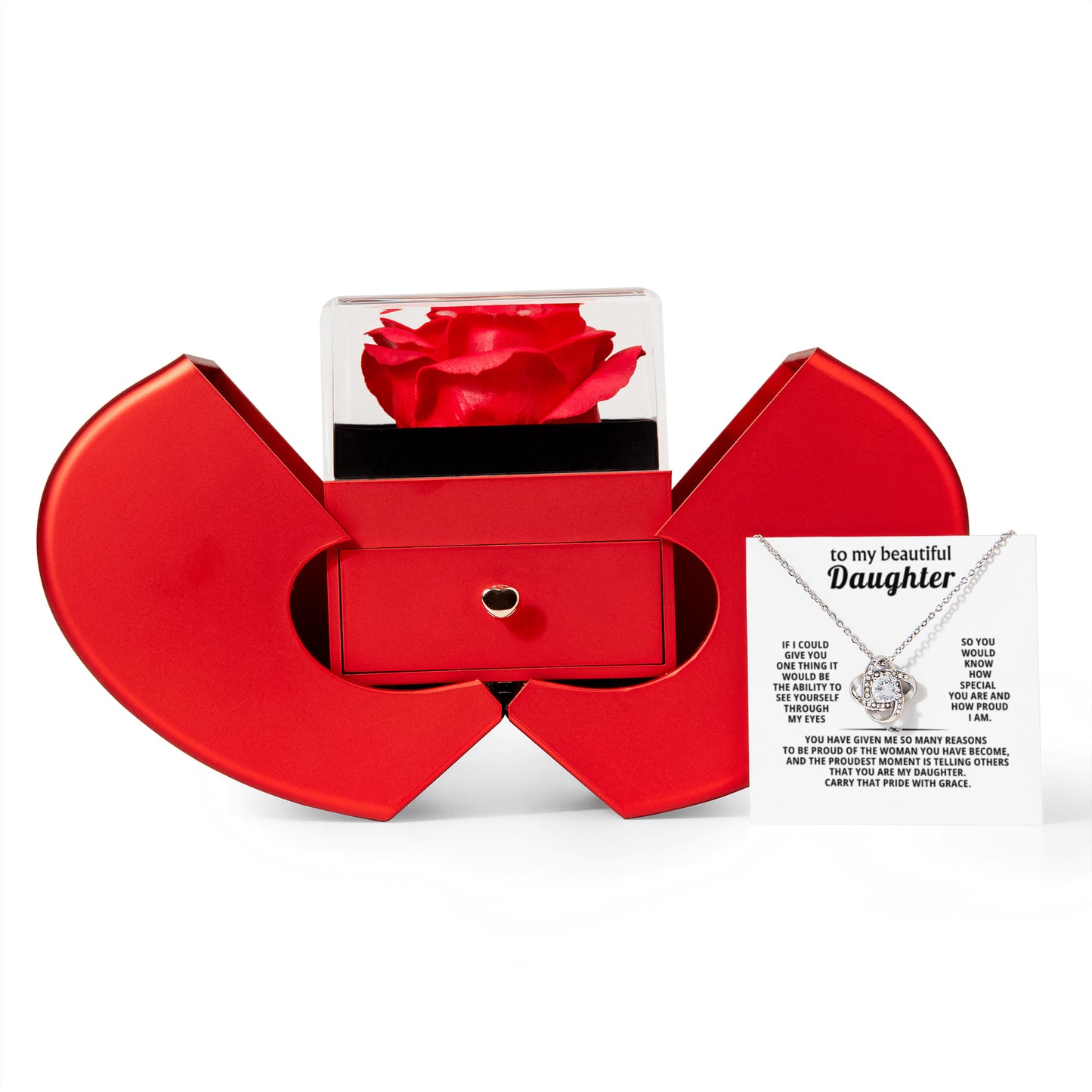 To My Daughter Love Knot Necklace  Rose Heart Box Gift Set
