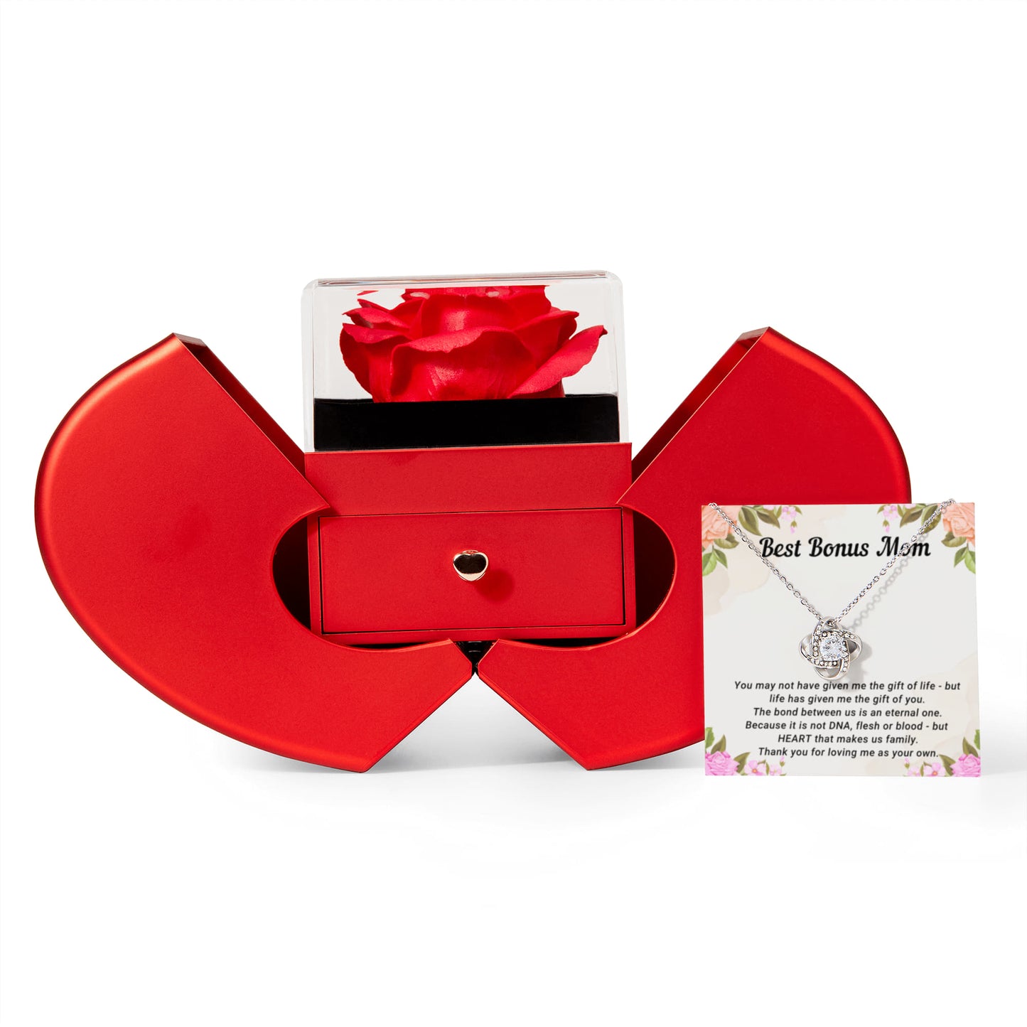 Best Bonus Mom Heart Rose Box & Necklace Gift Set