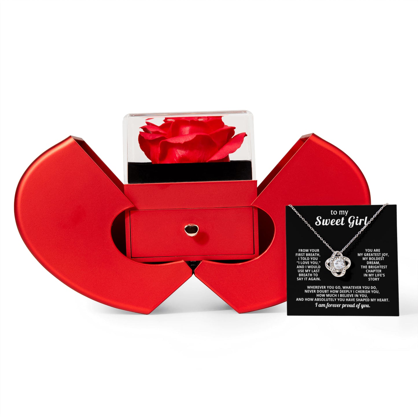 Daughter Love Knot Necklace  Rose Heart Box Gift Set
