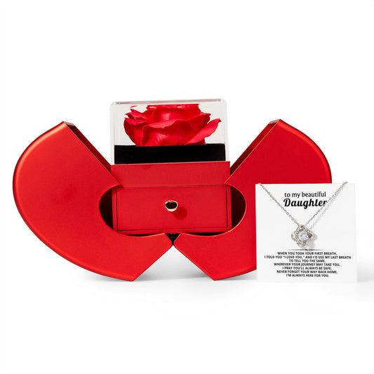 Daughter Love Knot Necklace  Rose Heart Box Gift Set