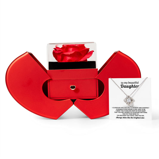 Daughter Love Knot Necklace  Rose Heart Box Gift Set