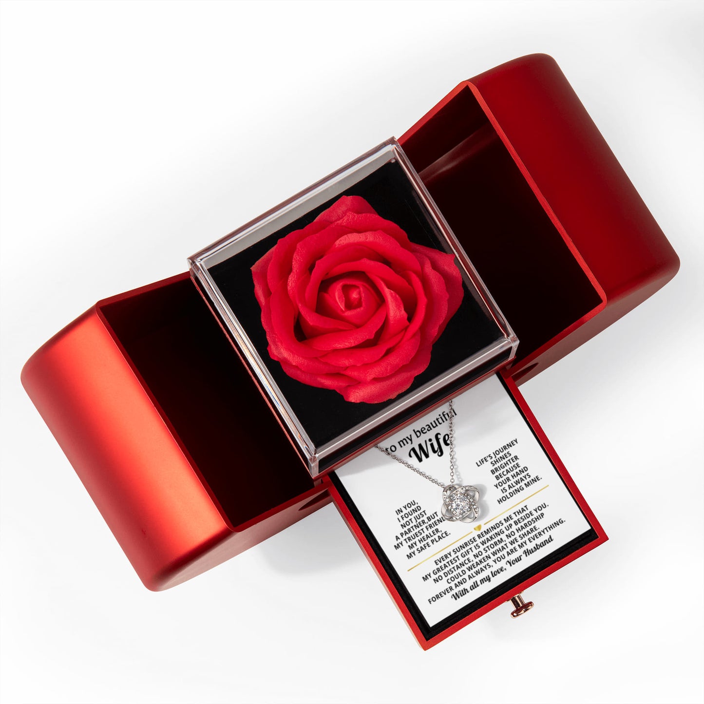 To My Wife Preserved Rose and Love Knot Necklace Gift Set