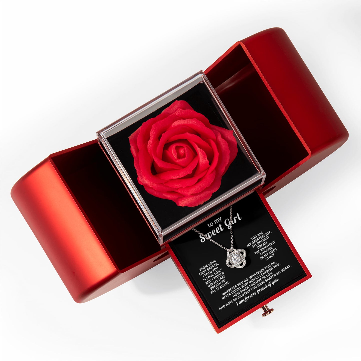 Daughter Love Knot Necklace  Rose Heart Box Gift Set