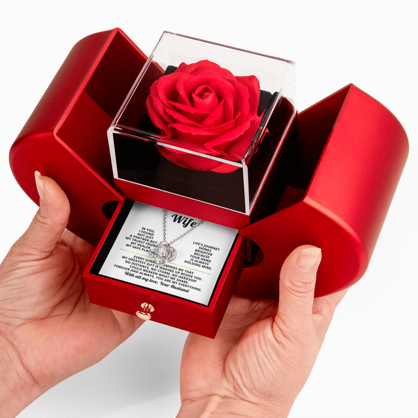 To My Wife Preserved Rose and Love Knot Necklace Gift Set