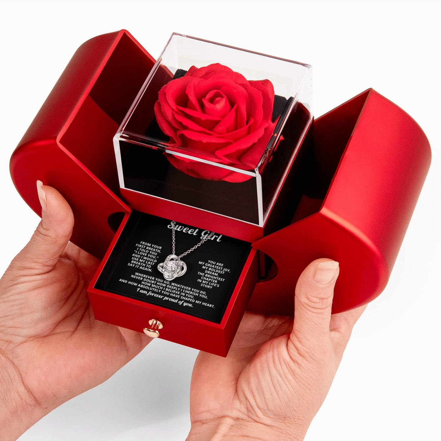 Daughter Love Knot Necklace  Rose Heart Box Gift Set