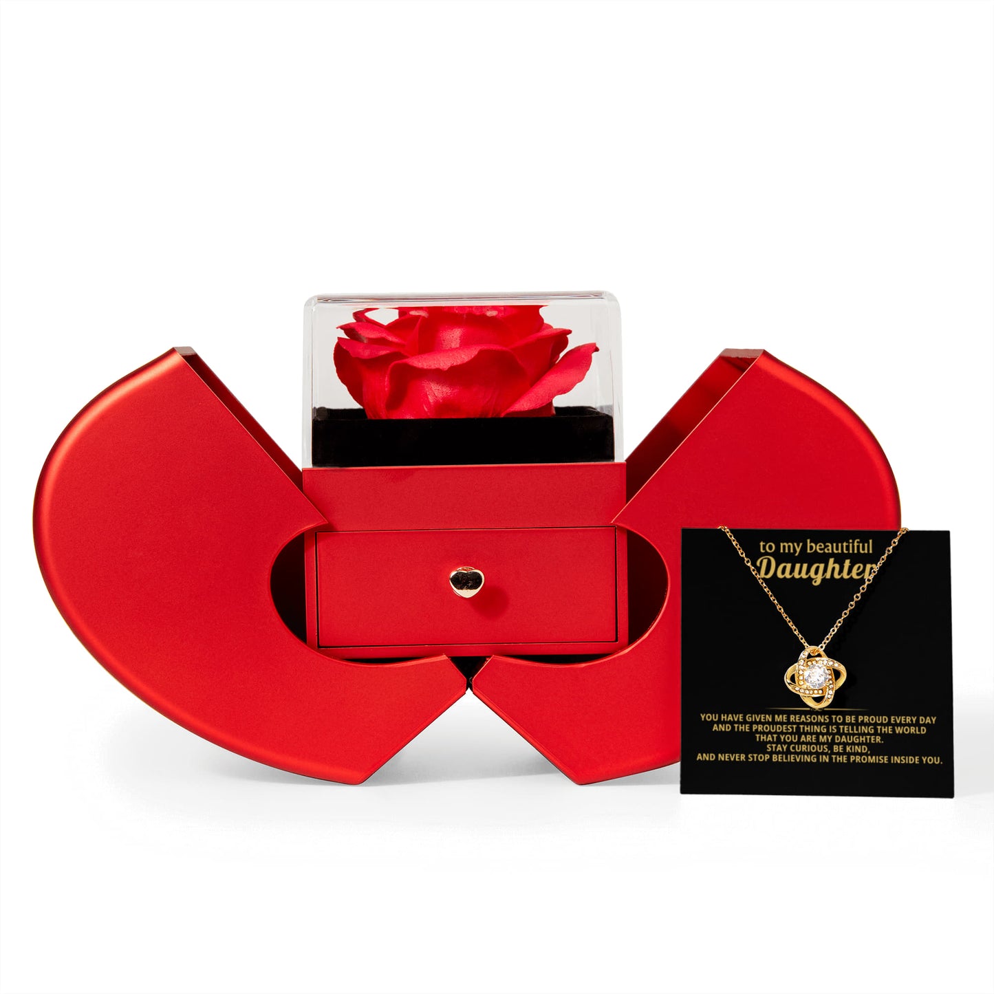 Daughter Love Knot Necklace  Rose Heart Box Gift Set
