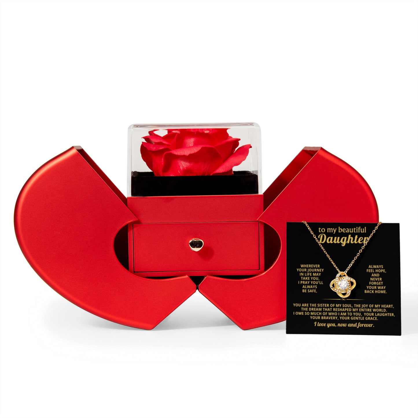 Daughter Love Knot Necklace  Rose Heart Box Gift Set
