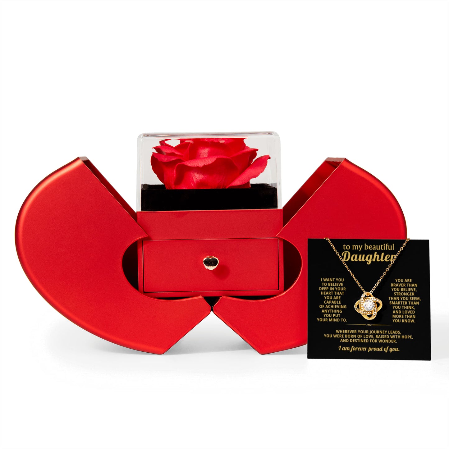 Daughter Love Knot Necklace  Rose Heart Box Gift Set