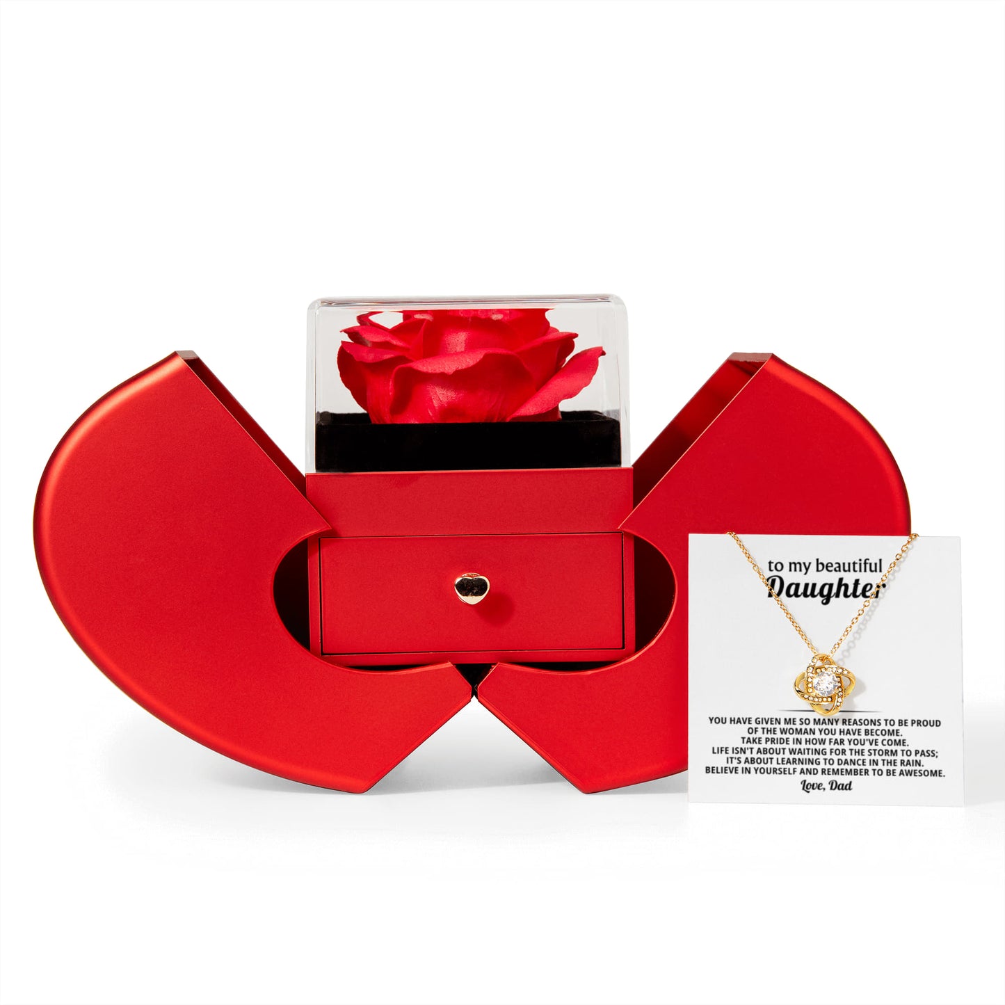 Daughter Love Knot Necklace  Rose Heart Box Gift Set