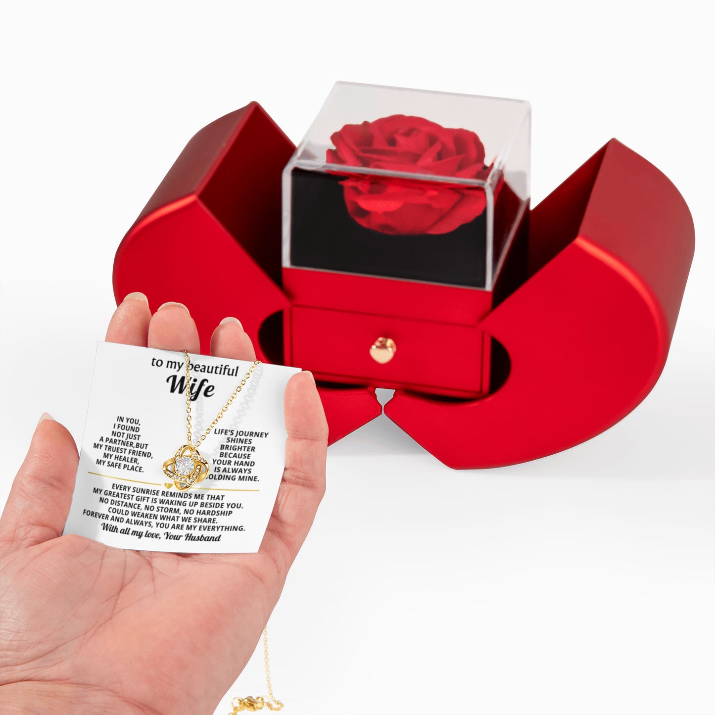 To My Wife Preserved Rose and Love Knot Necklace Gift Set