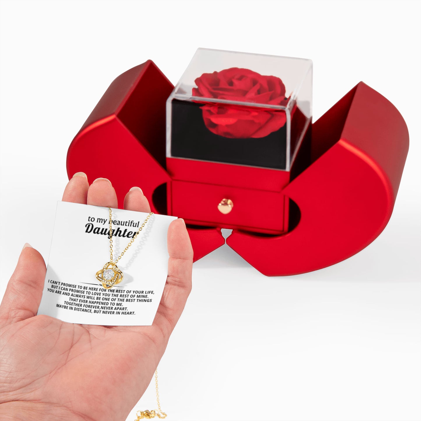 Daughter Love Knot Necklace  Rose Heart Box Gift Set