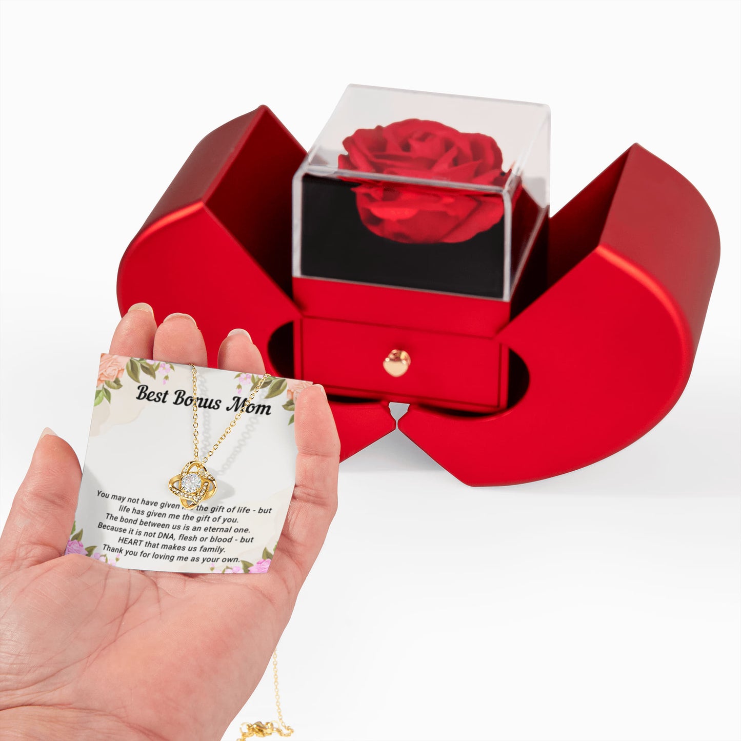 Best Bonus Mom Heart Rose Box & Necklace Gift Set