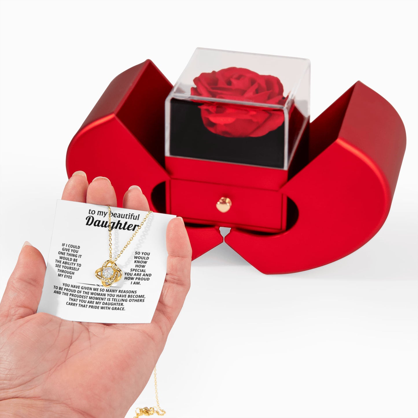 To My Daughter Love Knot Necklace  Rose Heart Box Gift Set