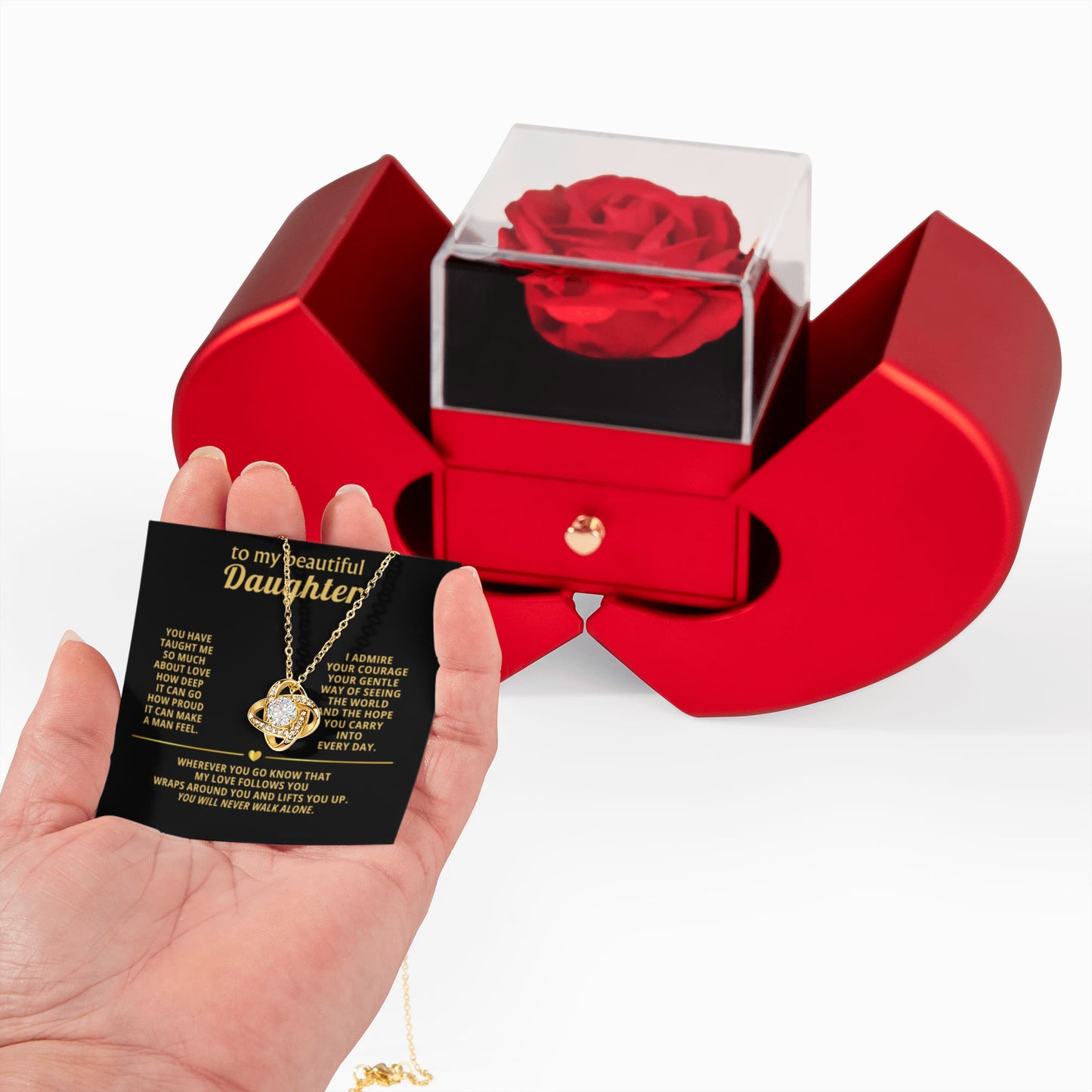 Daughter Love Knot Necklace  Rose Heart Box Gift Set