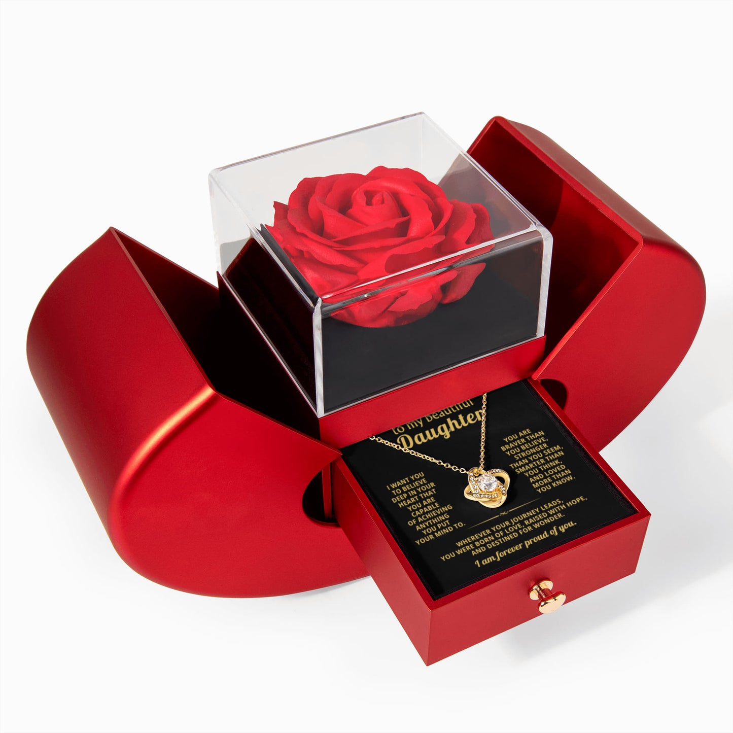 Daughter Love Knot Necklace  Rose Heart Box Gift Set