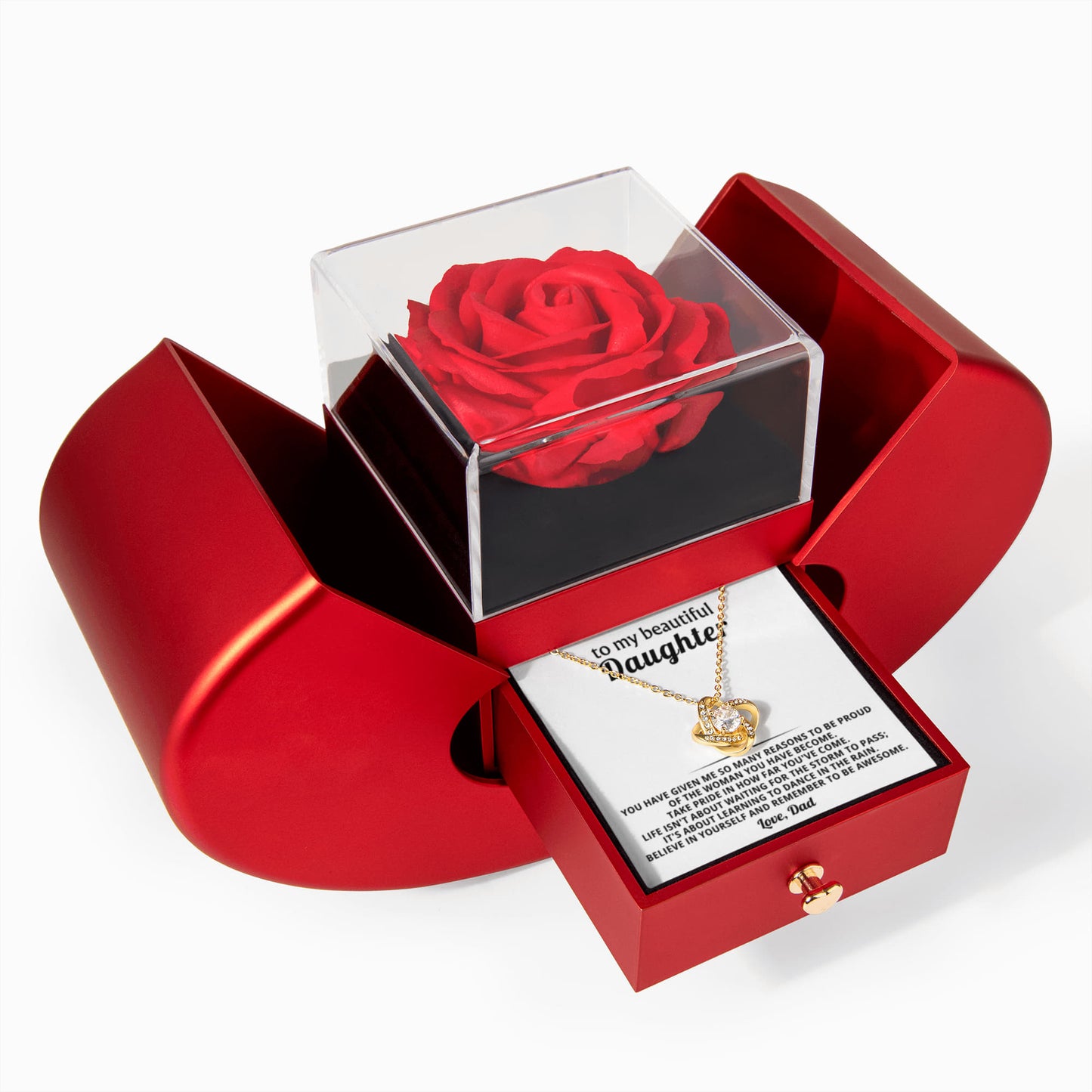 Daughter Love Knot Necklace  Rose Heart Box Gift Set