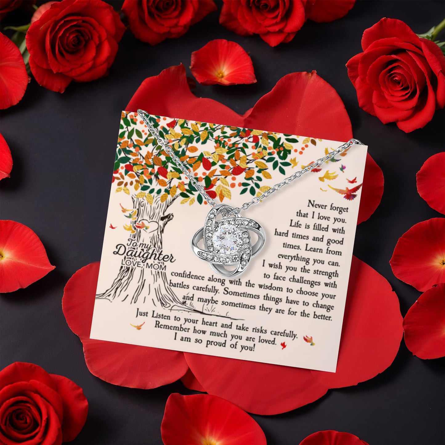 To My Daughter Rotating Rose Box with Love Knot Necklace