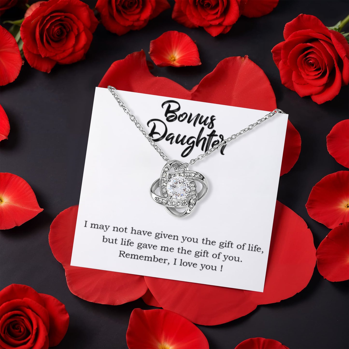 Bonus Daughter Rotating Rose Box with Love Knot Necklace