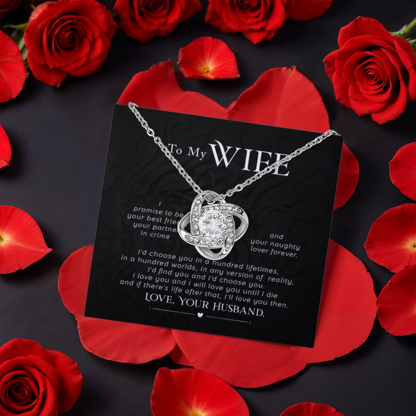 To my wife- Rotating Rose Box with Love Knot Necklace