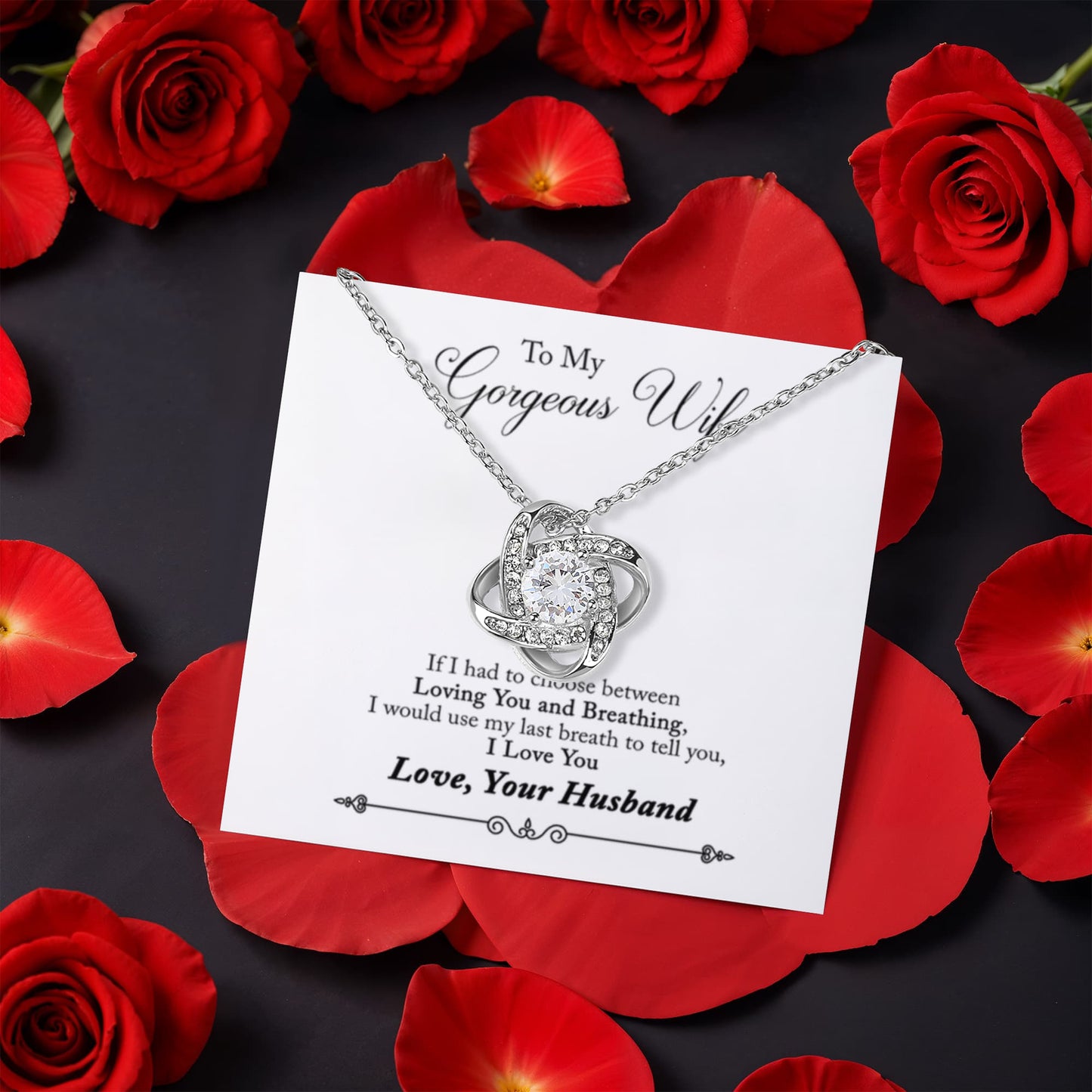 To My Gorgeous Wife Rotating Rose Box and Love Knot Necklace
