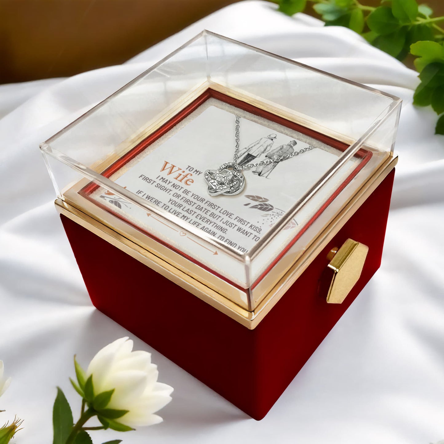 To My Wife Rotating Rose Box  Love Knot Necklace
