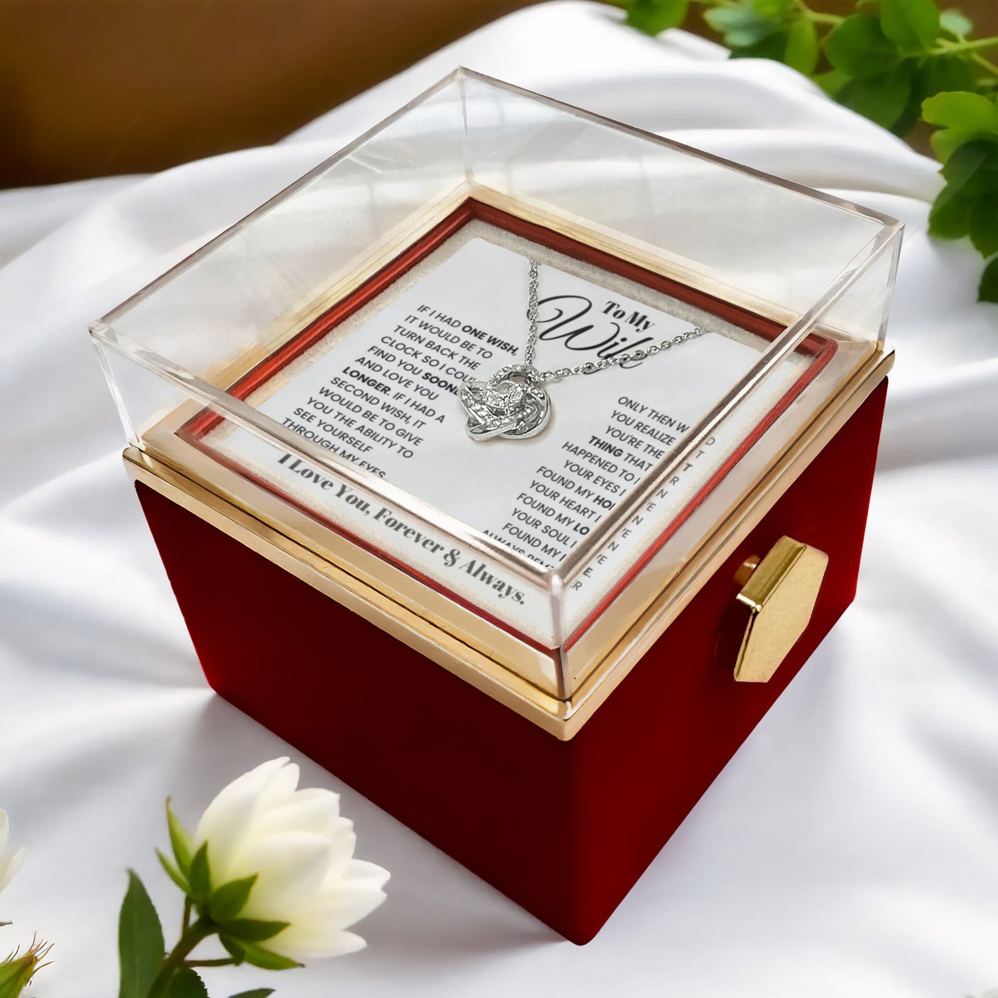 To My Wife Rotating Rose Box  Love Knot Necklace