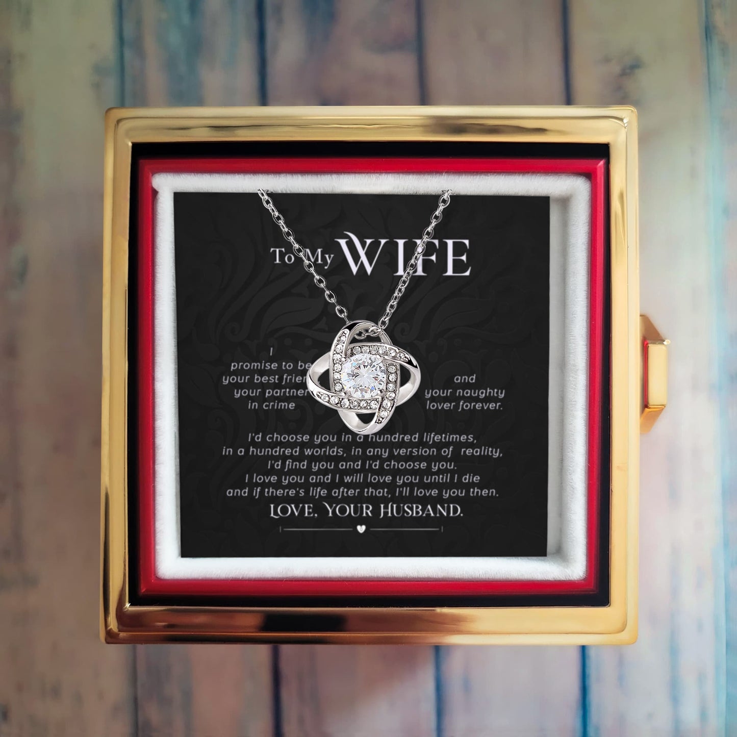 To my wife- Rotating Rose Box with Love Knot Necklace