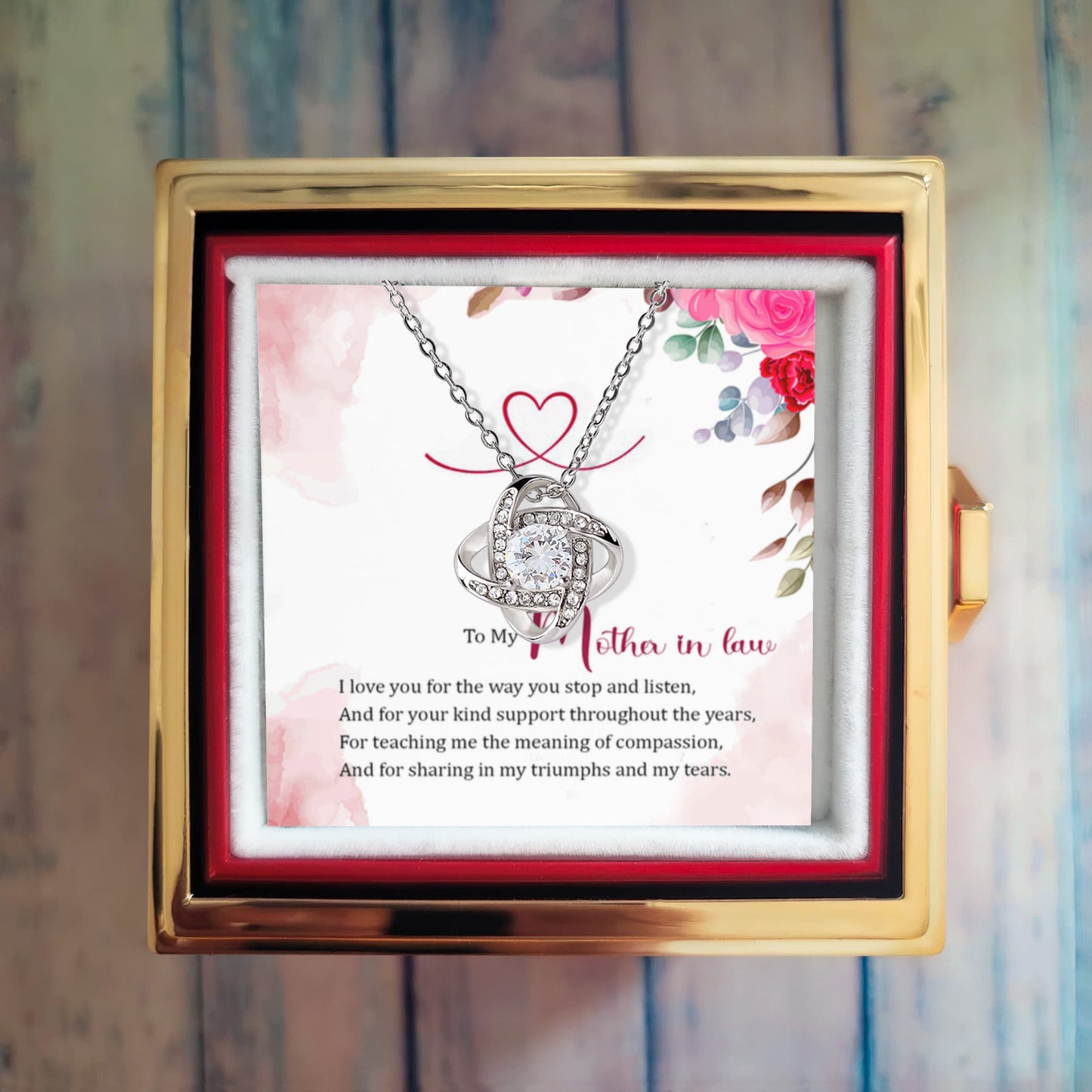 To my Mother in Law Rotating Rose Box and Love Knot Necklace