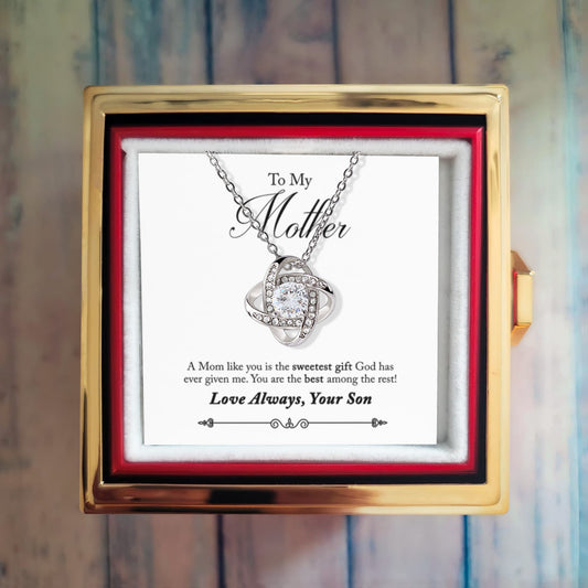 To My Mother from Son Rotating Rose Box with Love Knot Necklace