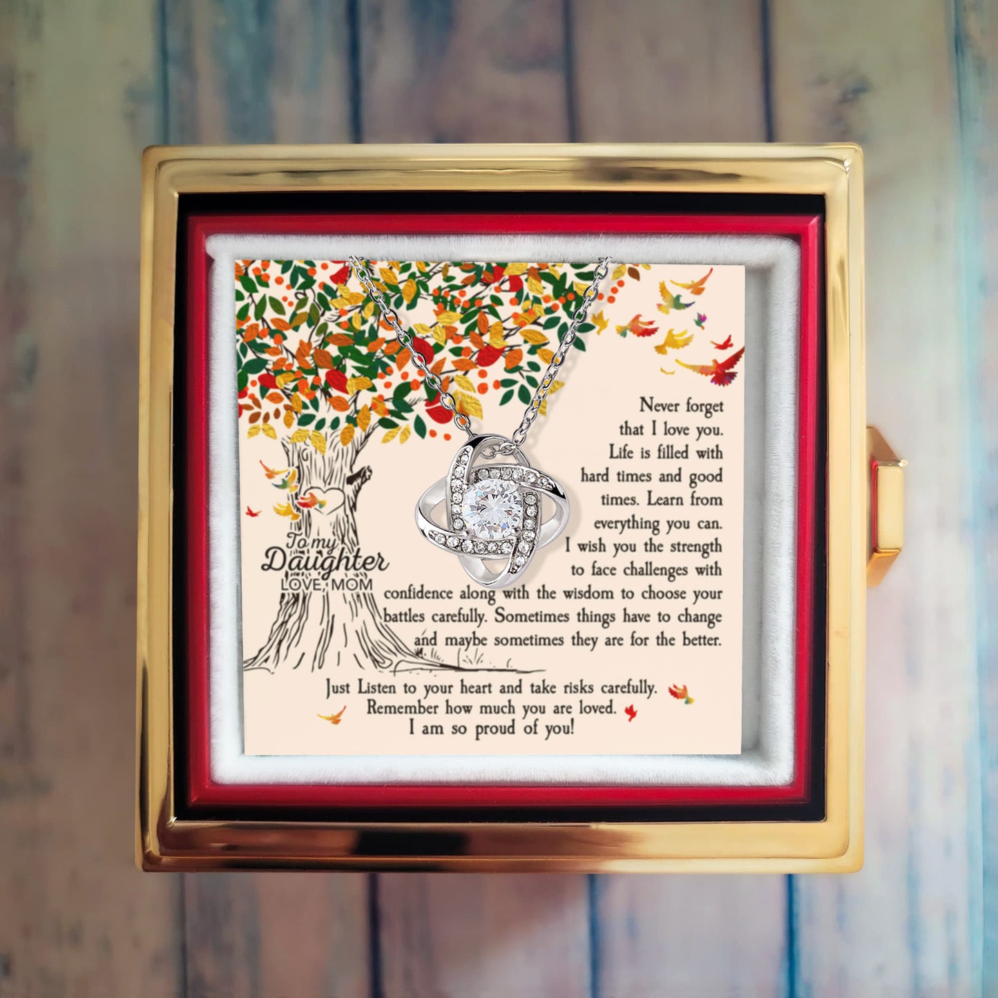To My Daughter Rotating Rose Box with Love Knot Necklace